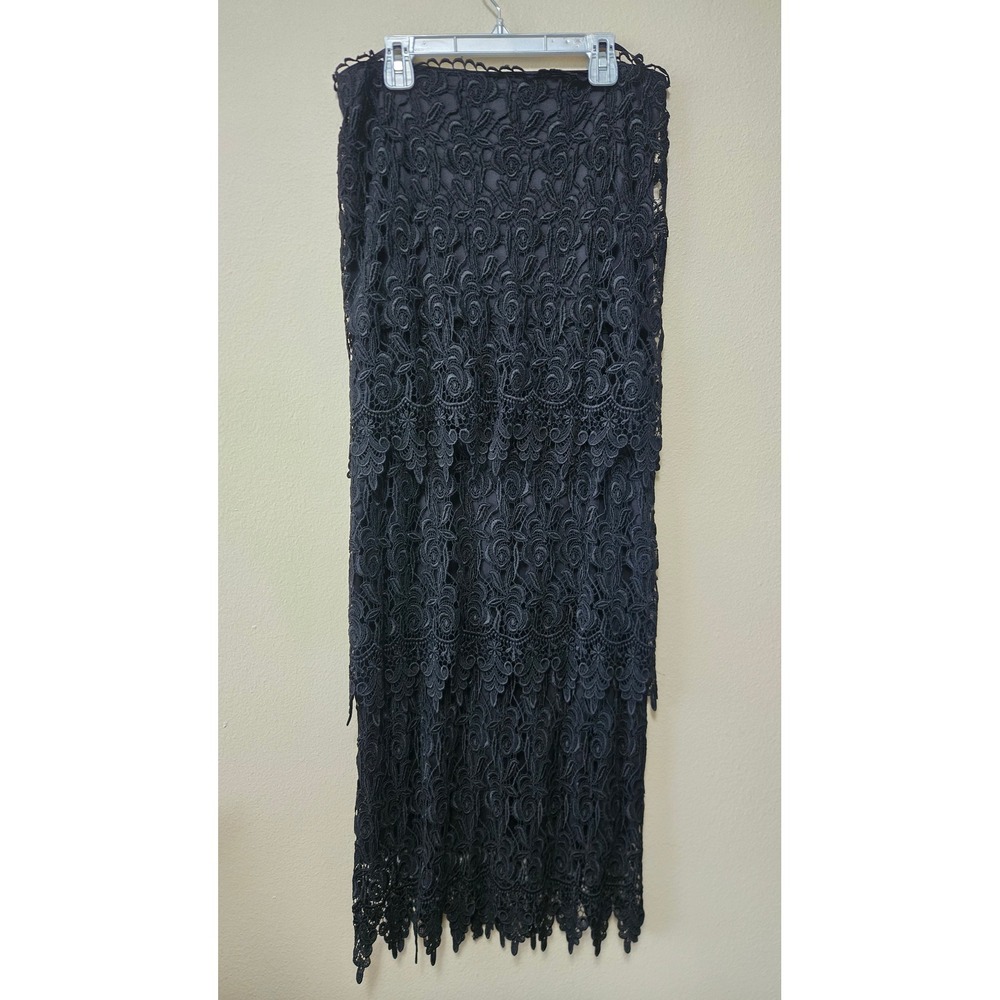 Nicole Bakti Black Lace Tiered Maxi Skirt Floral Rose Formal Size M Whimsigoth